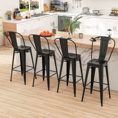 Topbuy Metal Bar stools Set of 4 30” High Back Bar Height Barstool w/ Removable Backrest Home Metal Frame Industrial Bar Chairs Set
