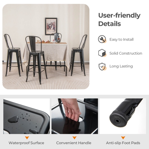 Topbuy Metal Bar stools Set of 4 30” High Back Bar Height Barstool w/ Removable Backrest Home Metal Frame Industrial Bar Chairs Set