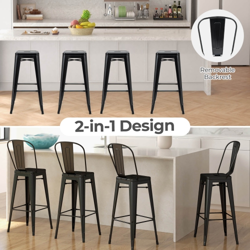 Topbuy Metal Bar stools Set of 4 30” High Back Bar Height Barstool w/ Removable Backrest Home Metal Frame Industrial Bar Chairs Set