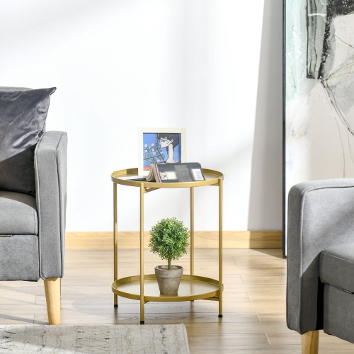 HOMCOM 2-Tier Gold End Table, Round Sofa Side Table for Small Spaces, Accent Table with Removable Trays and Metal Frame for Living Room Bedroom