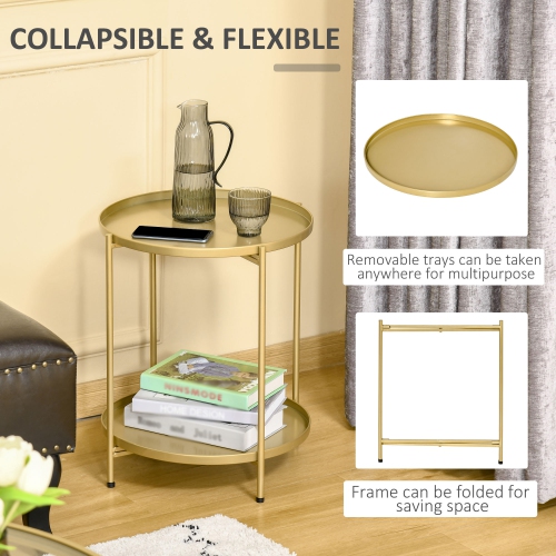 HOMCOM 2-Tier Gold End Table, Round Sofa Side Table for Small Spaces, Accent Table with Removable Trays and Metal Frame for Living Room Bedroom
