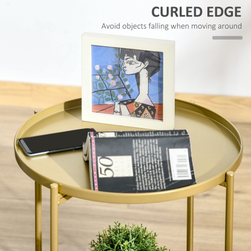 HOMCOM 2-Tier Gold End Table, Round Sofa Side Table for Small Spaces, Accent Table with Removable Trays and Metal Frame for Living Room Bedroom