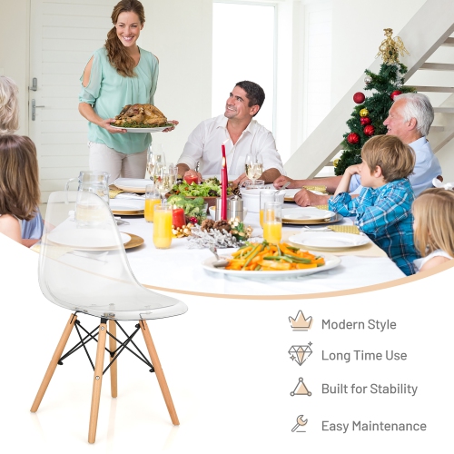 Costway Set of 4 Dining Chairs Modern Plastic Shell Side Chair w/ Clear Seat & Wood Legs
