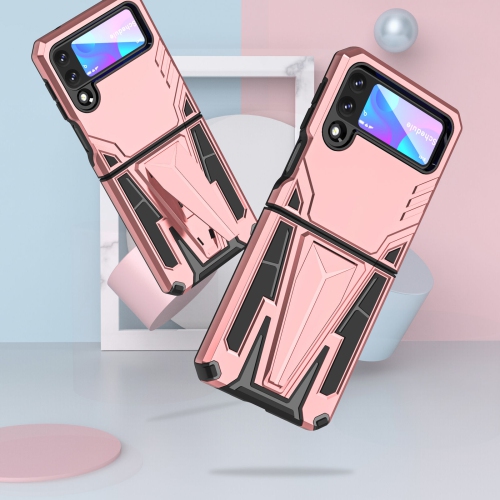 【CSmart】 Shockproof Heavy Duty Rugged Defender Case Kickstand Cover for Samsung Galaxy Z Flip 3, Rose Gold