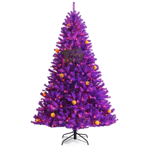 GYMAX  7 Ft Pre-Lit Purple Artificial Christmas Halloween Tree W/ Mini Pumpkins