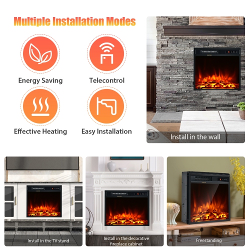 Costway 18" Electric Fireplace Freestanding & Recessed Heater Log Flame Remote 1500W