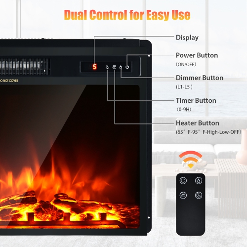 Costway 18" Electric Fireplace Freestanding & Recessed Heater Log Flame Remote 1500W