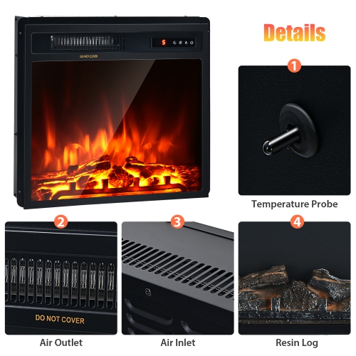 Costway 18" Electric Fireplace Freestanding & Recessed Heater Log Flame Remote 1500W