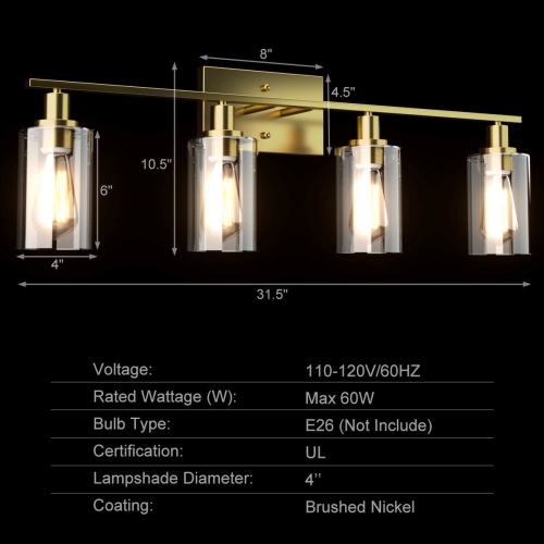 Topbuy Bathroom Vanity Light Modern Wall 4-Light Sconce Fixtures W/ Clear Glass Shade