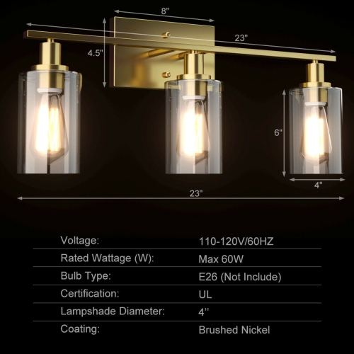 Topbuy Bathroom Vanity Light Modern Wall 3-Light Sconce Fixtures W/ Clear Glass Shade
