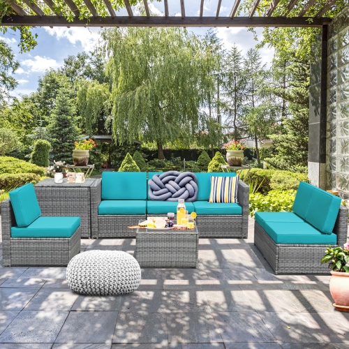Topbuy 8-Piece Outdoor Wicker Rattan Conversation Sofa Set w/ Storage Table White/Black/Turquoise