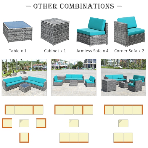 Topbuy 8-Piece Outdoor Wicker Rattan Conversation Sofa Set w/ Storage Table White/Black/Turquoise