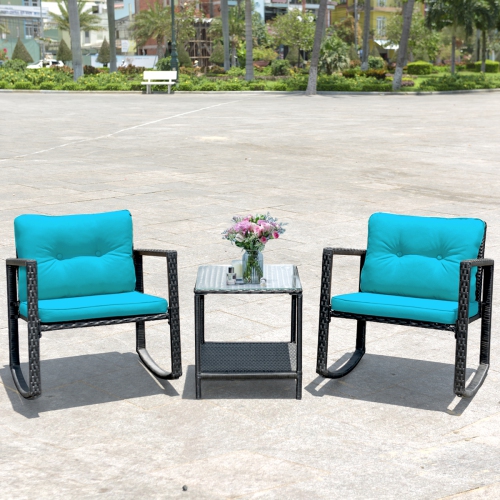 Topbuy 3 PCS Patio Rattan Wicker Chair Table Set Wicker Rattan Furniture Blue