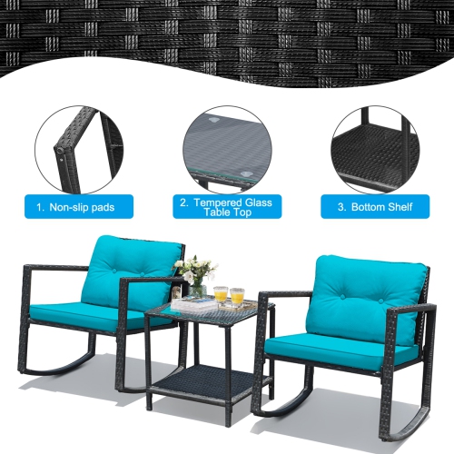 Topbuy 3 PCS Patio Rattan Wicker Chair Table Set Wicker Rattan Furniture Blue
