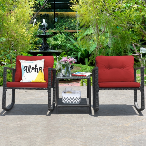 Topbuy 3 PCS Patio Rattan Wicker Chair Table Set Wicker Rattan Furniture Red