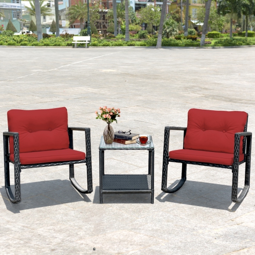 Topbuy 3 PCS Patio Rattan Wicker Chair Table Set Wicker Rattan Furniture Red