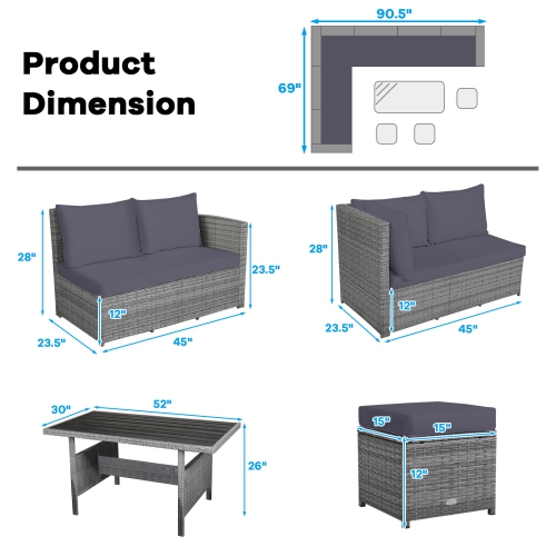 Topbuy 7-Piece Wicker Patio Furniture Set Outdoor Rattan Sofa Set Conversation Couch Set Red/Turquoise/White/Black