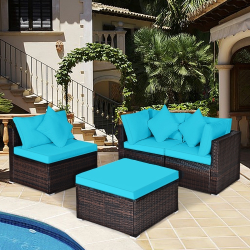 Topbuy 4-Piece Outdoor Rattan Sofa Set Sectional Conversation Couch Ottoman Turquoise/Red