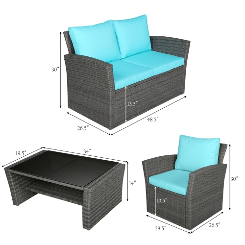 Topbuy 4-Piece Rattan Wicker Patio Outdoor Furniture Sofa Set with Cushions & Tempered Glass Table Red/Turquoise/Grey