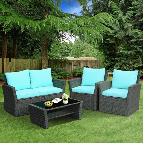 Topbuy 4-Piece Rattan Wicker Patio Outdoor Furniture Sofa Set with Cushions & Tempered Glass Table Red/Turquoise/Grey