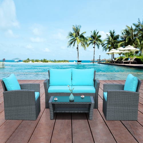 Topbuy 4-Piece Rattan Wicker Patio Outdoor Furniture Sofa Set with Cushions & Tempered Glass Table Red/Turquoise/Grey
