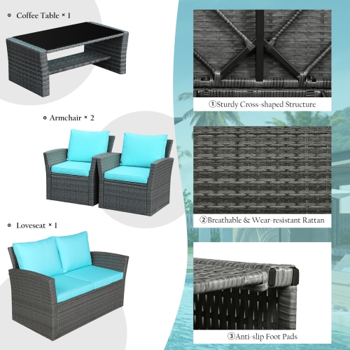Topbuy 4-Piece Rattan Wicker Patio Outdoor Furniture Sofa Set with Cushions & Tempered Glass Table Red/Turquoise/Grey