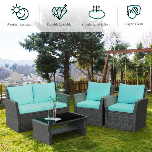Topbuy 4-Piece Rattan Wicker Patio Outdoor Furniture Sofa Set with Cushions & Tempered Glass Table Red/Turquoise/Grey
