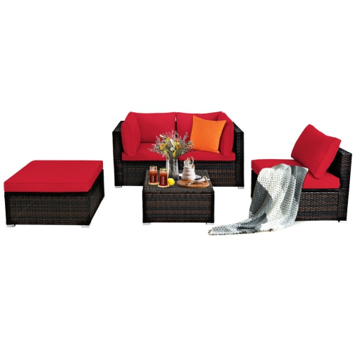 TOPBUY  5-Piece Outdoor Patio Sectional Rattan Wicker Conversation Sofa Set With Turquoise/yellowish Cushions