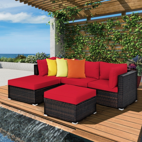 Topbuy 5-Piece Outdoor Patio Sectional Rattan Wicker Conversation Sofa Set with Turquoise/Yellowish Cushions