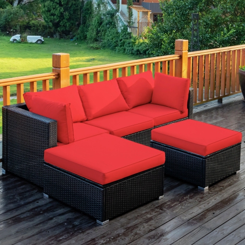 Topbuy 5-Piece Outdoor Patio Sectional Rattan Wicker Conversation Sofa Set with Turquoise/Yellowish Cushions