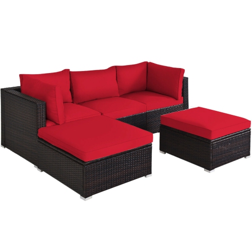 Topbuy 5-Piece Outdoor Patio Sectional Rattan Wicker Conversation Sofa Set with Turquoise/Yellowish Cushions
