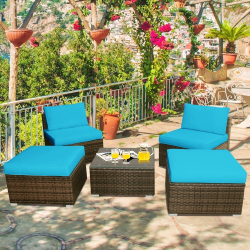 TOPBUY  5-Piece Outdoor Rattan Wicker Sofa Set Lounge Chair With Cushions In Turquoise