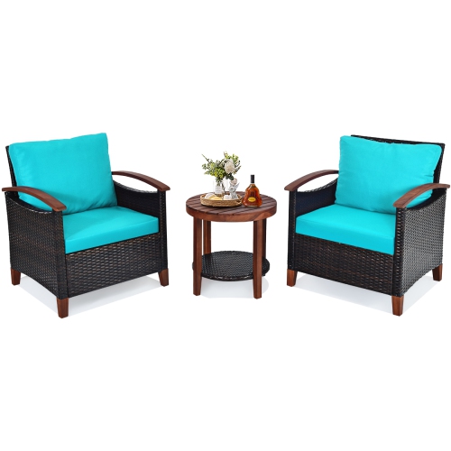 Topbuy 3-Piece Patio Rattan Bistro Set Acacia Wood Frame Sofa and Side Table Beige/Blue/Red