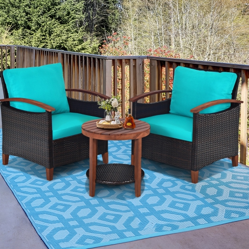 Topbuy 3-Piece Patio Rattan Bistro Set Acacia Wood Frame Sofa and Side Table Beige/Blue/Red