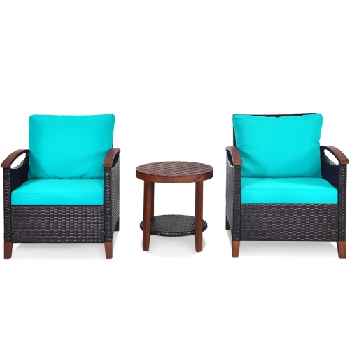 Topbuy 3-Piece Patio Rattan Bistro Set Acacia Wood Frame Sofa and Side Table Beige/Blue/Red