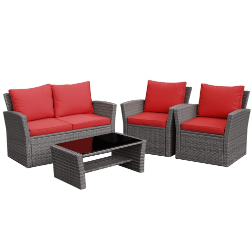 TOPBUY  4-Piece Rattan Wicker Patio Outdoor Furniture Sofa Set With Cushions & Tempe Glass Table In Red