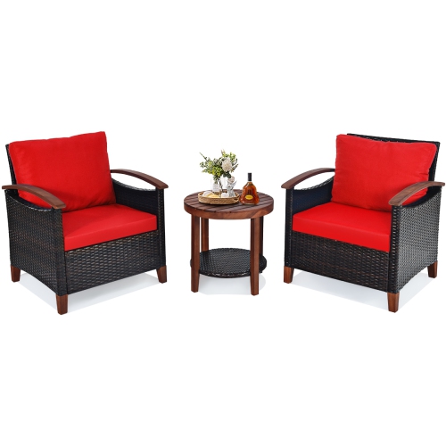 Topbuy 3-Piece Patio Rattan Bistro Set Acacia Wood Frame Sofa and Side Table Beige/Blue/Red