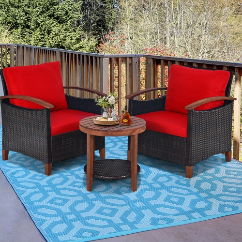 Topbuy 3-Piece Patio Rattan Bistro Set Acacia Wood Frame Sofa and Side Table Beige/Blue/Red