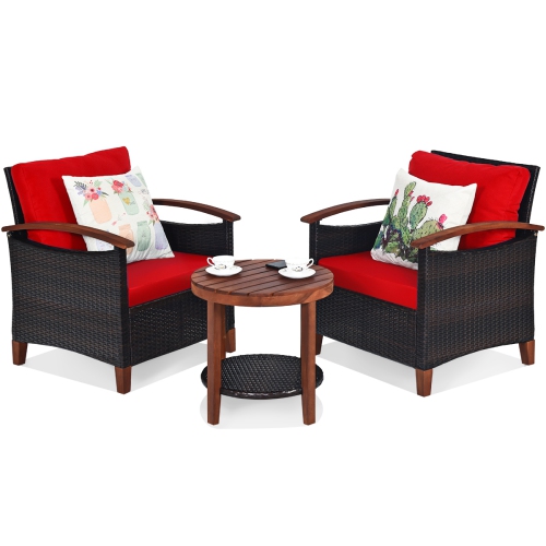 Topbuy 3-Piece Patio Rattan Bistro Set Acacia Wood Frame Sofa and Side Table Beige/Blue/Red