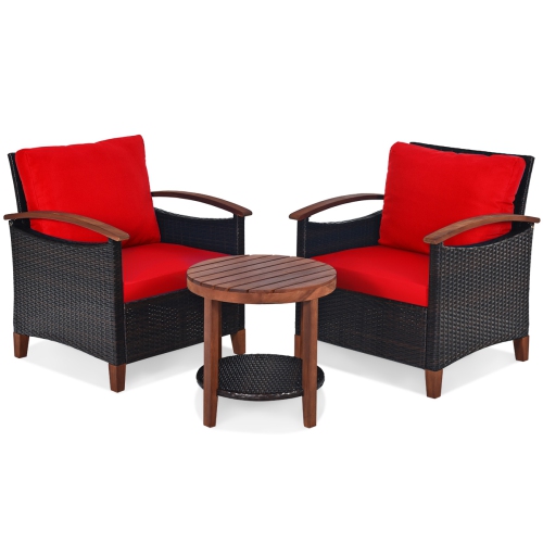 Topbuy 3-Piece Patio Rattan Bistro Set Acacia Wood Frame Sofa and Side Table Beige/Blue/Red