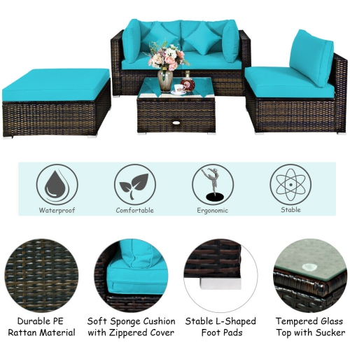 Topbuy 5-Piece Outdoor Patio Sectional Rattan Wicker Sofa Set w/ Cushion