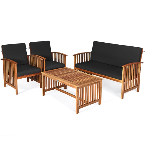 TOPBUY  4PCs Patio Acacia Wood Sofa Set Conversation Couch Coffee Table With Cushions In Black