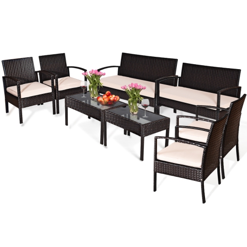TOPBUY  8PCs Conversation Wicker Set Patio Rattan Table&cushioned Chair