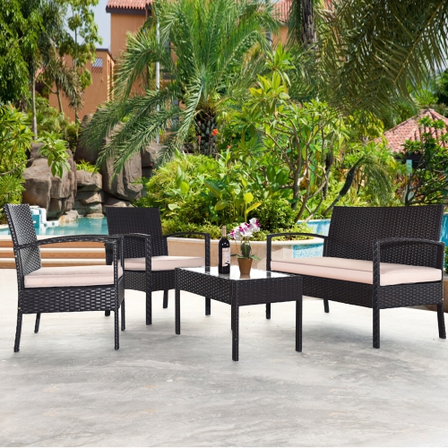 TOPBUY  4PCs Conversation Wicker Set Patio Rattan Table&cushioned Chair