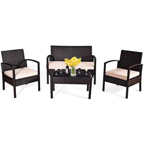 Topbuy 4PCS Conversation Wicker Set Patio Rattan Table&Cushioned Chair