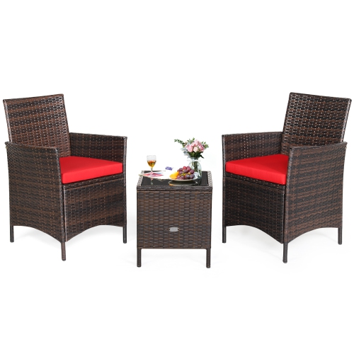 TOPBUY  3 Pieces Patio Rattan Conversation Furniture Wicker Chairs With Coffee Table & Cushions Red/blue