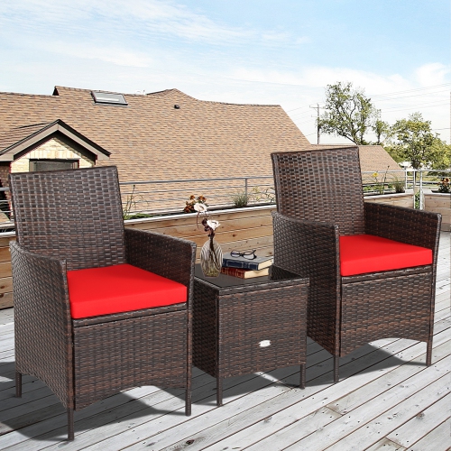 Topbuy 3 Pieces Patio Rattan Conversation Furniture Wicker Chairs with Coffee Table & Cushions Red/Blue
