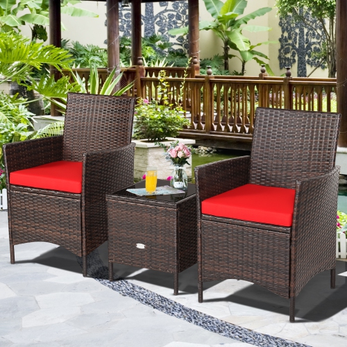 Topbuy 3 Pieces Patio Rattan Conversation Furniture Wicker Chairs with Coffee Table & Cushions Red/Blue