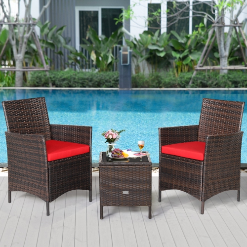 Topbuy 3 Pieces Patio Rattan Conversation Furniture Wicker Chairs with Coffee Table & Cushions Red/Blue