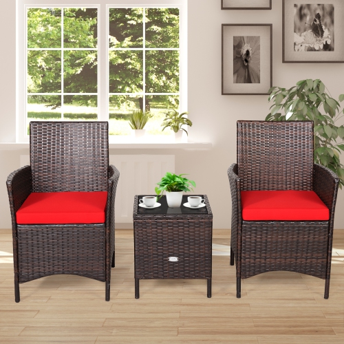 Topbuy 3 Pieces Patio Rattan Conversation Furniture Wicker Chairs with Coffee Table & Cushions Red/Blue